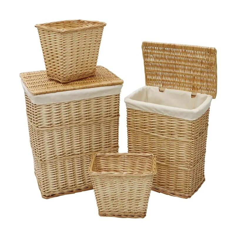 JVL Hand Woven Acacia Set of 2 Rectangular Laundry Willow Baskets with 2 Waste Paper Baskets, Honey Finish