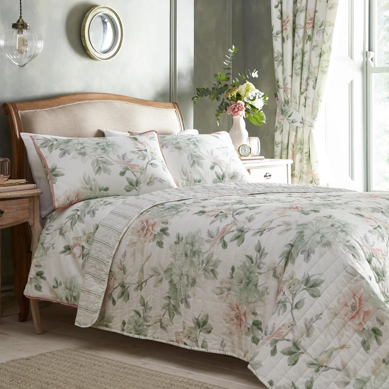 Appletree - Green Floral & Birds Quilted Bedspread - 230 x 200cm Reversible Cotton Bedspread