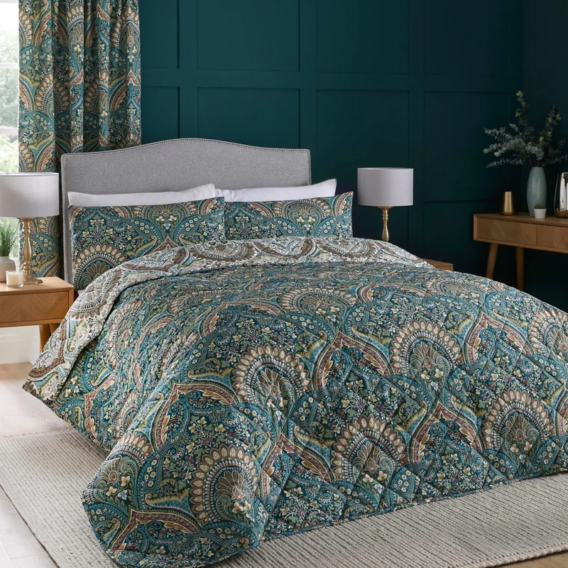 Dreams & Drapes - Teal Jacobean Bedspread (230cm x 200cm) - Soft Touch - Microfibre - Damask Bedspread in Teal - Persian Bohemian Quilted Bedspreads - Exotic Floral Blanket/Bed Cover for Bed