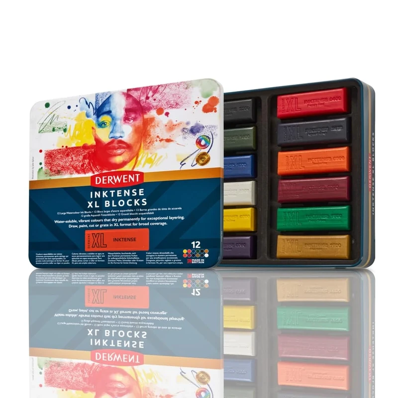 Derwent Inktense XL Blocks 12 Tin, Set of 12, 60mm Extra-Large Block, Water-soluble, Ideal for Sketching, Drawing and Expressive Mark Making, Professional Quality, 2306162