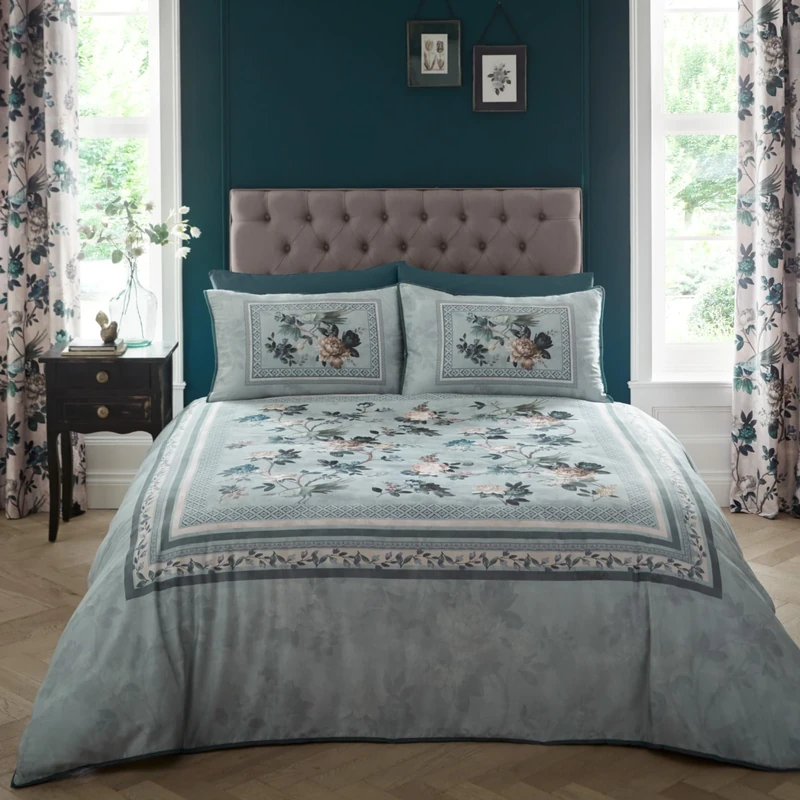 Appletree - Teal Floral & Birds Duvet Cover - Super King Bedding Size (260 x 220cm) - 200 Thread Count - 100% Cotton Sateen - 2 Pillowcases - Vintage Bedding with Flowers - Duvet Cover Set in Teal