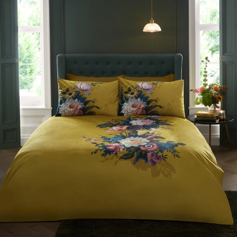 Appletree Ochre Floral Duvet Cover - Super King Size (260 x 220cm) - Soft Velvet Touch Yellow Bedding - 2 Pillowcases - Botanical Flower Design in Ochre