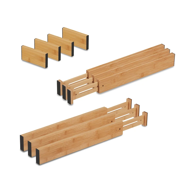 Relaxdays Drawer Divider, 10-Piece Set, Bamboo, Adjustable Length from 43.5 to 56.5 cm, Extra Wardrobe Storage, Natural