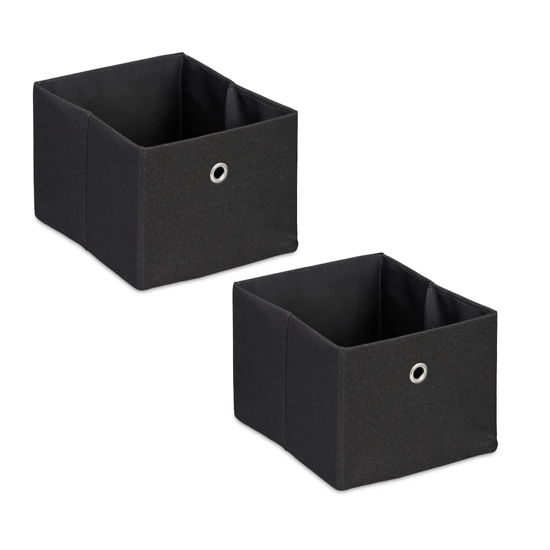 Relaxdays 2x Storage Boxes, Rectangular Fabric Basket, Container without Lid, Shelf Organiser, 16 x 20.5 x 25 cm, Black, Linen, Polyester, Paper