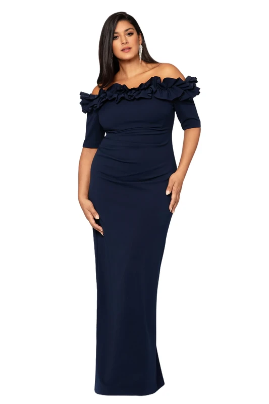 Xscape Women's Plus Size Long Off The Shoulder Ruffle Scuba Crepe Dress, Navy, 22 Plus