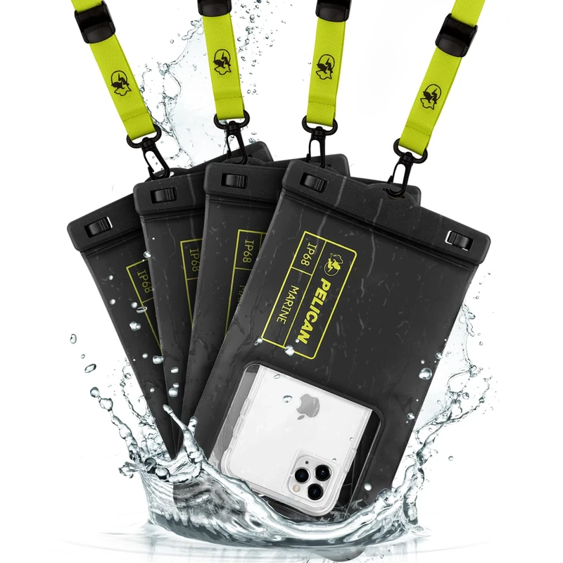 Pelican Marine 4 Pack - IP68 Floating Waterproof Phone Pouch/Case (XL Size) - iPhone 15 Pro Max/ 14 Pro Max/ 13 Pro Max/ 12 Pro Max/ S23 Ultra/Pixel 8 - Detachable Lanyard - Black/Yellow