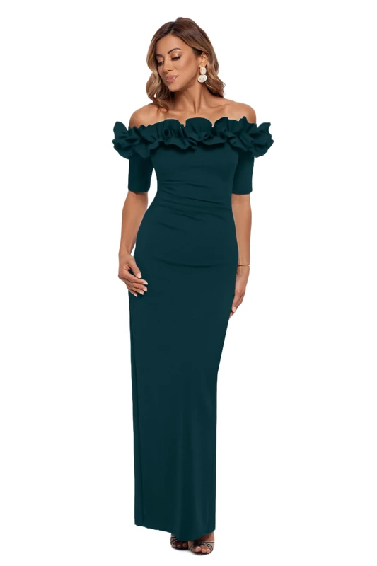 Xscape Women's Long Off The Shoulder Scuba Crepe Dress (Reg and Petite), Pine, 12 Petite