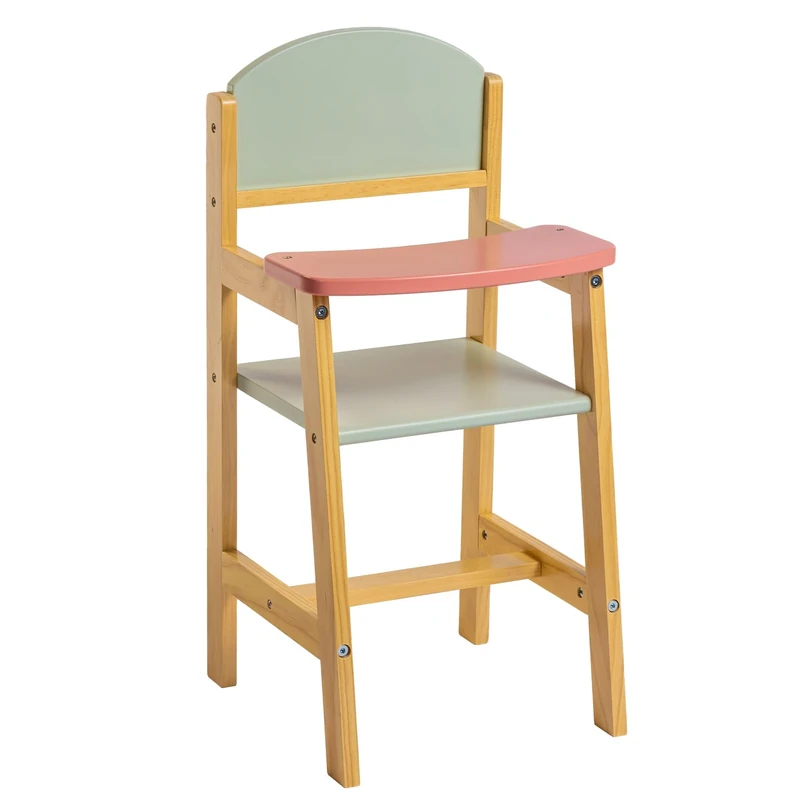 JC Toys - Wooden high chair, for dolls up to 45 cm, ideal for play and fun, integrated tray, multicoloured, pastel colours, 3 years