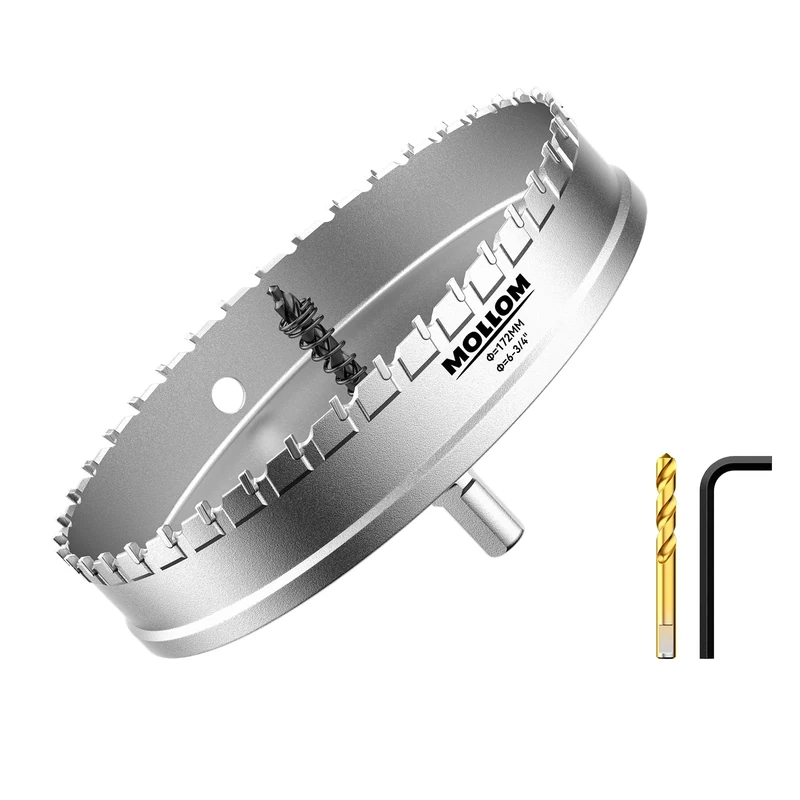 Mollom (172mm | 6-3/4'') Heavy Duty Carbide Hole Saw with 2 Pilot Drill Bits, Hole Cutter cuts Stainless Steel, mild Steel, Iron, Copper, Brass, Plastic