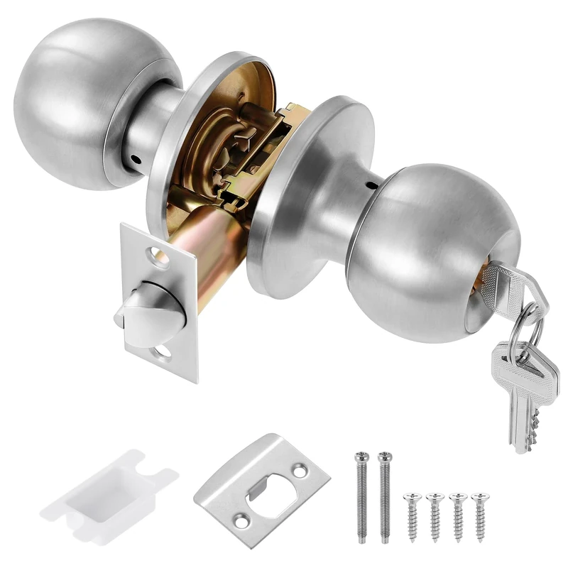 Coolty Entrance Door Knob with Lock and Key, Entrance Knob Set, Exterior Door Knob Front Lockset, External Internal Locking Door Handle for Bedroom/Bathroom/Office/Work Place(Silver)