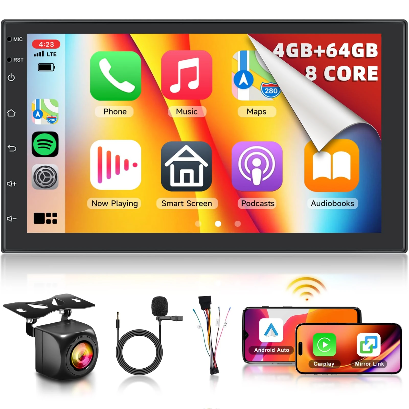 Hodozzy 4GB+64GB 8 Core Double Din Android Car Stereo with CarPlay Android Auto, 7 Inch Touchscreen Universal Car Radio GPS Navigation Bluetooth WIFI Mirror Link SWC FM RDS Radio+Reversing Camera+MIC