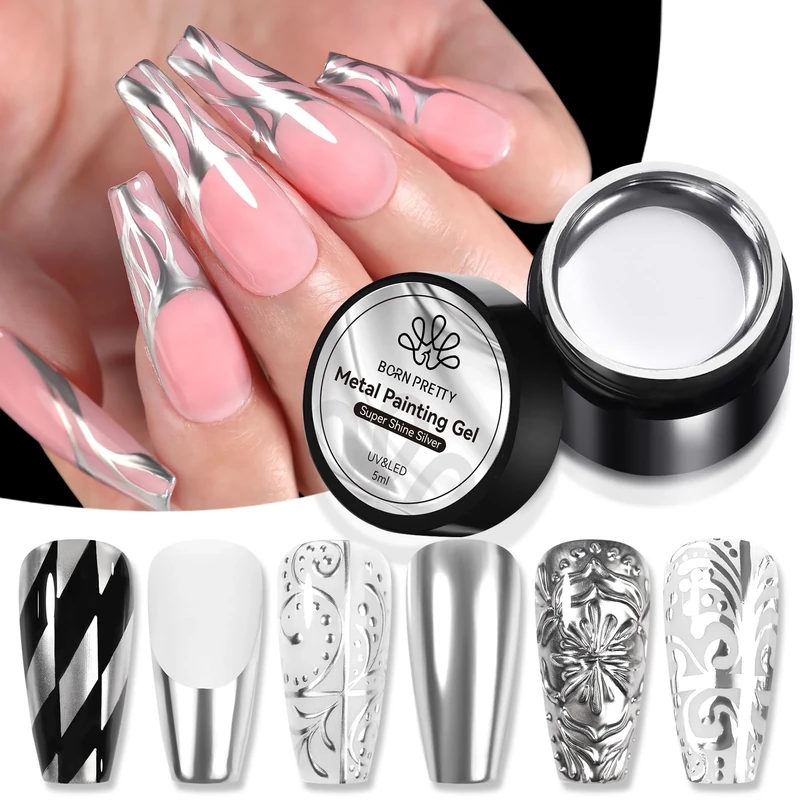 BORN PRETTY Metallic Painting Gel Polish Super Bright Mirror Silver Effect Nail Polish Flower Drawing Glitter Soak Off U V Nail Liner Gel DIY Nail Manicure for Women Girls