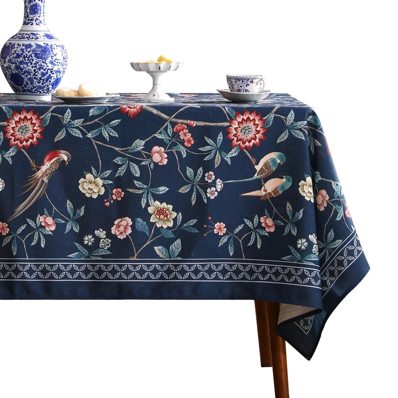 patdrea Vintage Chinoiserie Floral Birds Tablecloth Thick Soft Velvet Kitchen Dining Table Cloth Cover Fits 63"x 94"