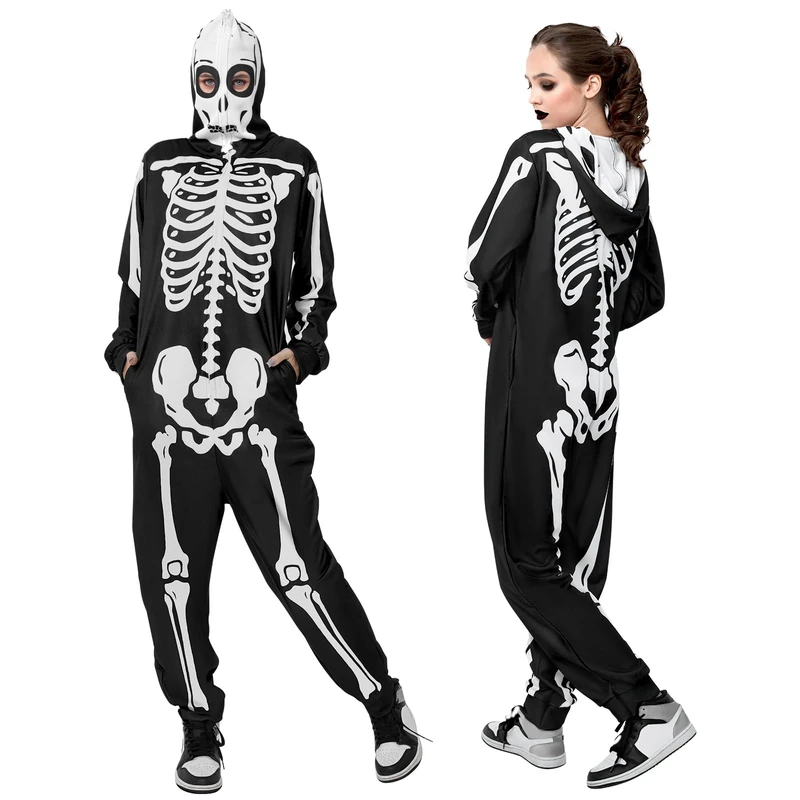 PARTTELY Adult Onesie Skeleton Costume Women Front and Back Bone Print Halloween Skeleton Jumpsuit Men with Zipper Hooded, Black, XXL