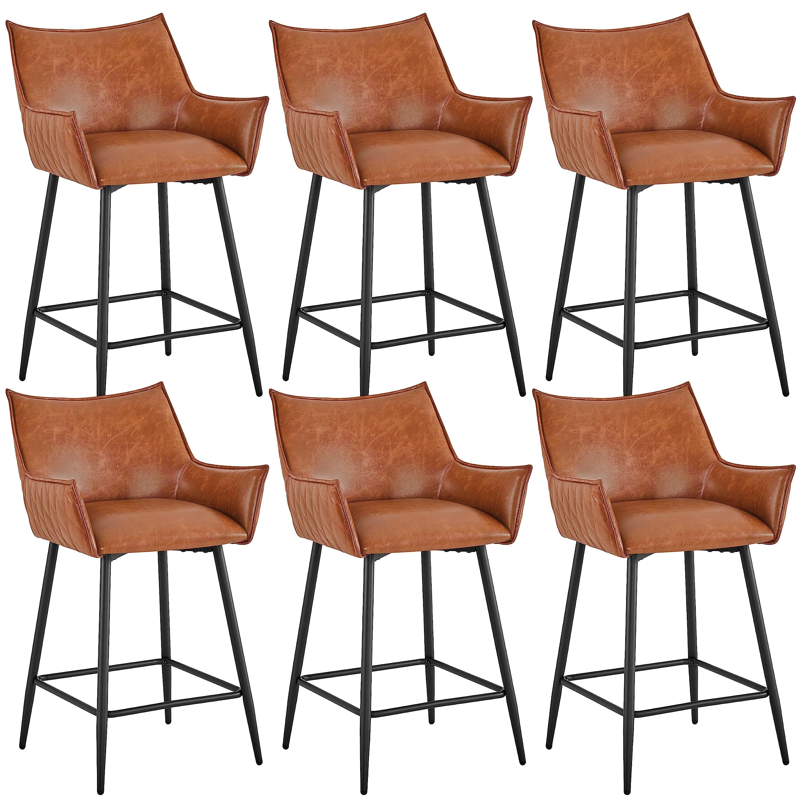 Yaheetech PU Leather Bar Stools Modern Counter Stools Bar Chair with Metal Legs with Mid-back and Armrest for Kitchen/Island/Bar/Counter Brown, 6PCS