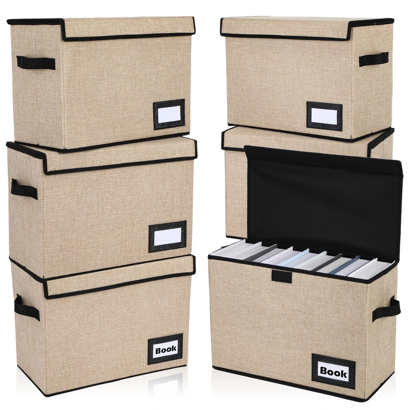 Chuangdi 6 Pcs Comic Book Storage Boxes, Back to School Collapsible Comic Short Box Case with Lid, 15.8 x 7.9 x 11.4 Inch Book Bin Container Holds 150 Comics(Beige)