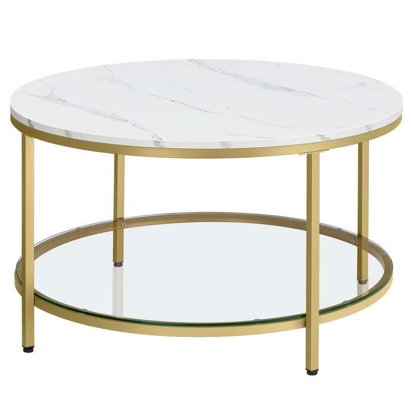 VASAGLE Coffee Table, Living Room Table, Sofa Cocktail Table Faux Marble Round, Tempered Glass Storage Shelf, Easy to Assemble, Modern Style, for Living Room, Marble White and Metallic Gold LCT071W59