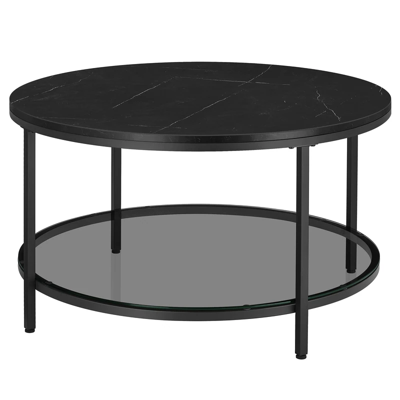 VASAGLE Coffee Table, Living Room Table, Sofa Cocktail Table Faux Marble Round, Tempered Glass Storage Shelf, Easy to Assemble, Modern Style, for Living Room, Marble Black and Ink Black LCT071B58
