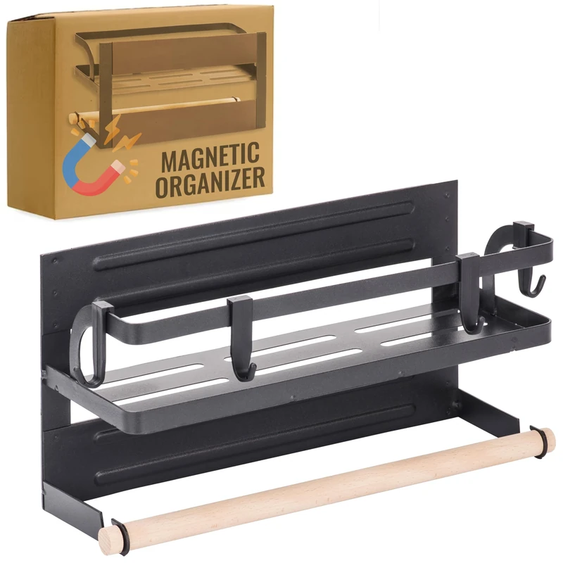 RICOO Magnetic Spice Rack KR003, Premium Coated Iron Organizer, No-Drill Magnetic Attachment, Perfect for Spices, Jars, and Kitchen Accessories - 30 x 11.5 x 16 cm, Black
