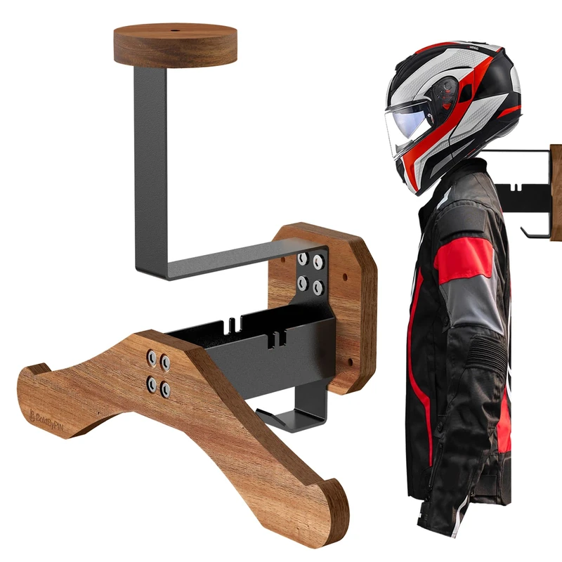 Helmet Holder- BoldByPIN Motorcycle Helmet Rack Wall Mount, Solid Wood & Heavy Duty Steel Helmet Wall Mount for Motorcycle/Football/Cycling Skiing/Tactical Gear Wall Hanger - Image 1