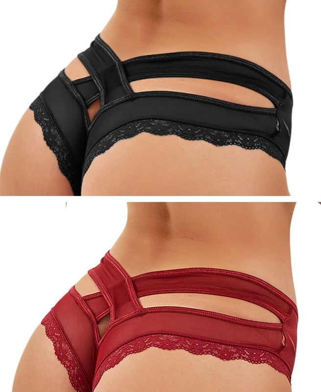 ohyeahlady Women's Underwear Lace Thongs Sexy Cross Backed Cheeky Knickers Panties Ladies Bikini Briefs Black Red French Knickers Size 12 14, Pack of 2