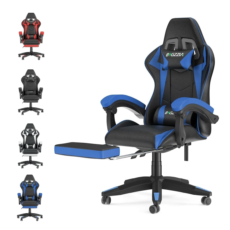 bigzzia Ergonomic Gaming Chair - Gamer Chairs with Lumbar Cushion + Headrest, Height-Adjustable Office & Computer Chair for Adults (with footrest, Blue)