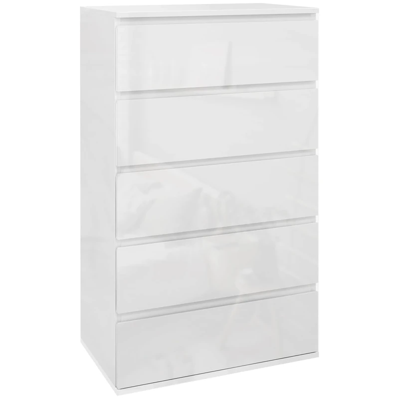 HOMCOM High Gloss Chest of Drawers, Modern 5 Drawer Dresser with Soft Closing Mechanism for Bedroom, White