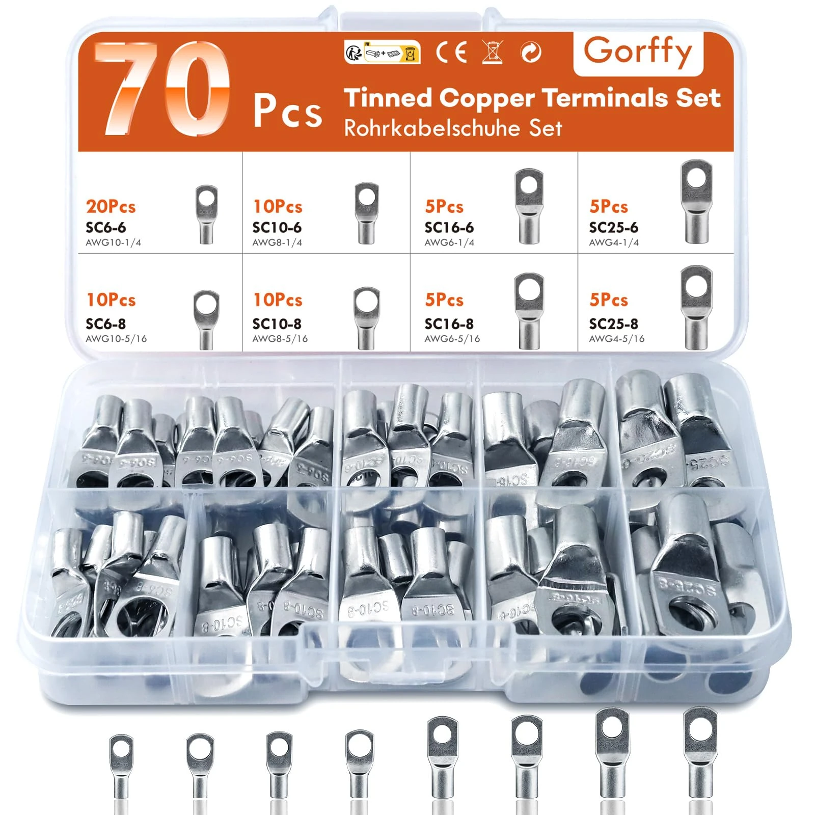 Gorffy Battery Terminal Connectors 70 Pcs, Battery Terminals Tinned Copper, Cable Lugs Bolt Hole, Crimp Battery Cable Connectors for Electric, Auto