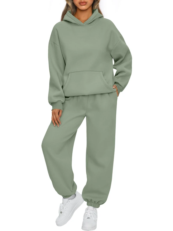 AUTOMET Womens 2 Piece Outfits Lounge Hoodie Sweatsuit Sets Oversized Sweatshirt Baggy Fall Fashion Sweatpants with Pockets, Green, Large