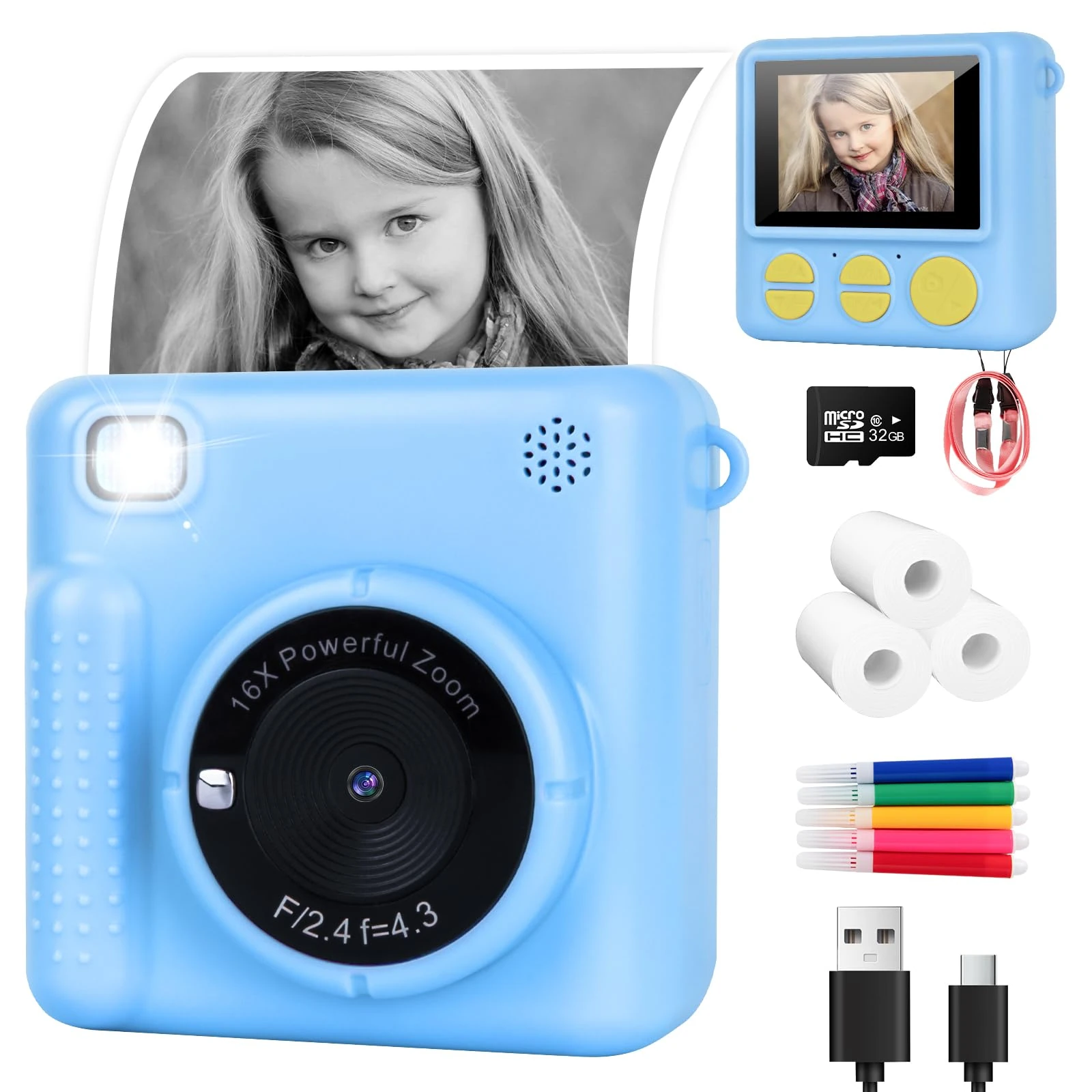 NICEWIN Kids Instant Camera for Girls and Boys, 1080P HD Digital Print Camera with Photo Paper, Fun Birthday Gift Toy for Children (Blue)