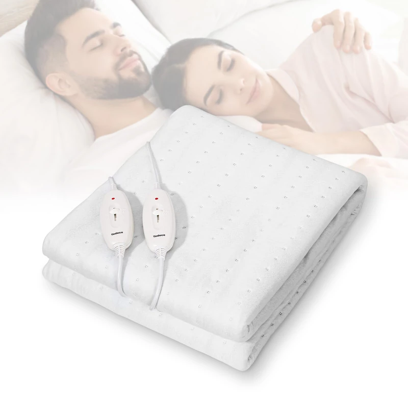 Todeco Electric Double Heated Mattress Topper, 160 x 140 cm, 120 W Double XXL Mattress Warmer for 2 People, 2 Control Elements, with 3 Temperature Levels, Washable