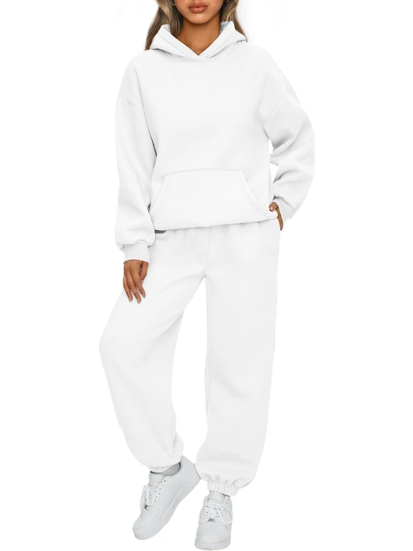 AUTOMET Womens 2 Piece Outfits Lounge Hoodie Sweatsuit Sets Oversized Sweatshirt Baggy Fall Fashion Sweatpants with Pockets, White, Small