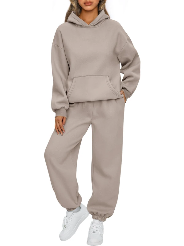 AUTOMET Womens 2 Piece Outfits Lounge Hoodie Sweatsuit Sets Oversized Sweatshirt Baggy Fall Fashion Sweatpants with Pockets, Coffeegrey, Large