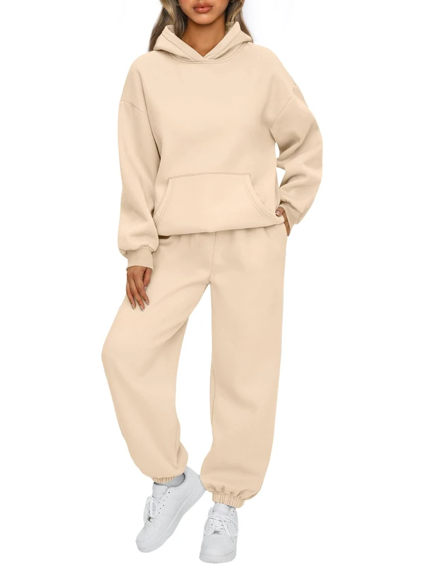 AUTOMET Womens 2 Piece Outfits Lounge Hoodie Sweatsuit Sets Oversized Sweatshirt Baggy Fall Fashion Sweatpants with Pockets, Apricot, Small