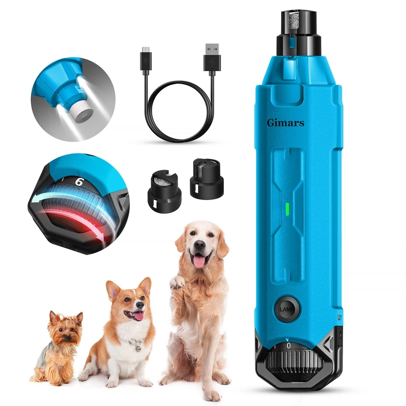 Gimars Adjustable 6 Speeds 12000rpm Dog Nail Sharpener 45dB Double Led-Light Pet Nail Sharpener USB Rechargeable 3 Ports Nail File For Large Medium Small Dog, Blue