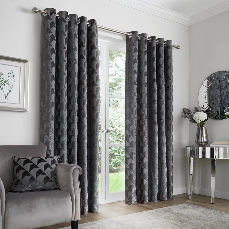 Appletree Worcester Collection - Slate Grey Jacquard Curtains W90 x L90 (229 x 229cm) - Silver Grey Eyelet Luxury Curtains for Bedroom/Living Room - Dark Grey Door Drapes