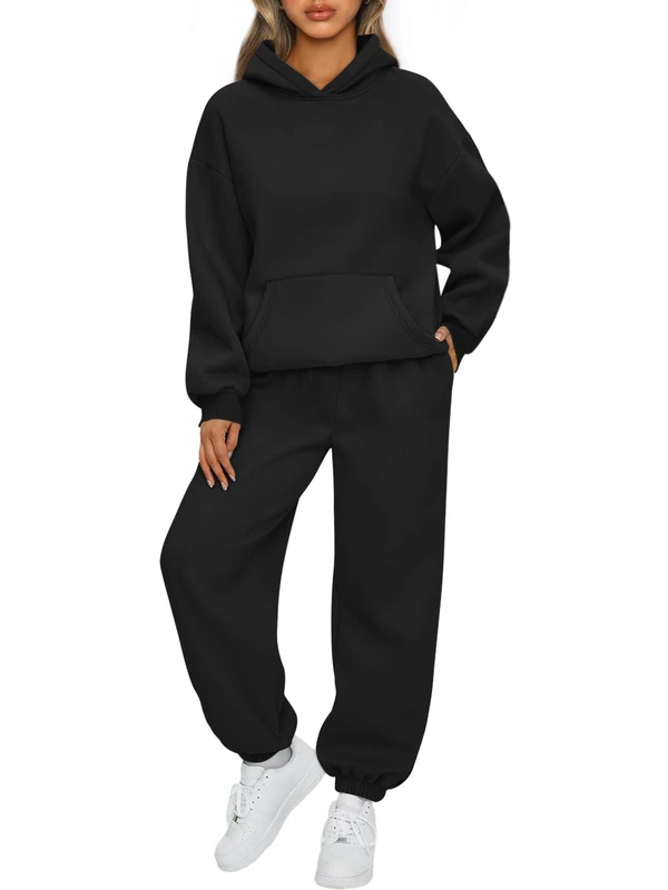 AUTOMET Womens 2 Piece Outfits Lounge Hoodie Sweatsuit Sets Oversized Sweatshirt Baggy Fall Fashion Sweatpants with Pockets, Black, Small