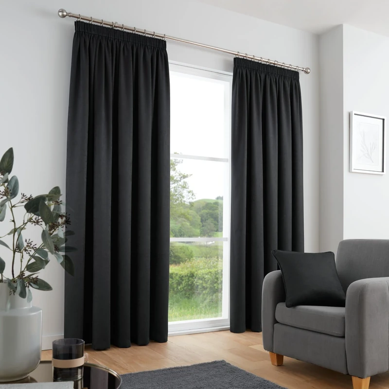 Fusion Black Pencil Pleat Curtains W90 x L72 (229x183cm) – 2 Panels – 100% Cotton Thermal & Soundproof Drapes for Bedroom/Living Room – Black Pleated Curtains – Strata Collection – Modern Home Style