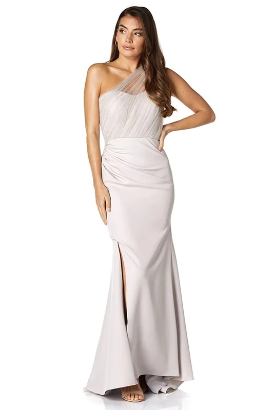 Jarlo London Women's Brooke One Shoulder Tulle Top Maxi Dress, Silver, 16