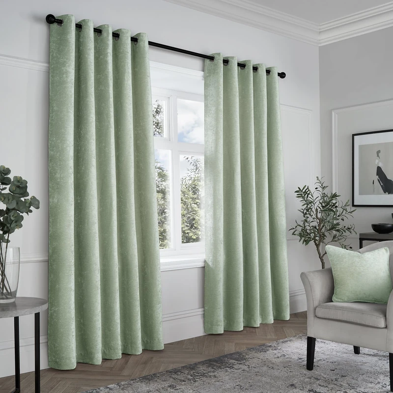 Curtina - Sage Green Woven Curtains W66 x L54" (168 x 137cm) - Light Green Eyelet Curtains - Textured Chenille Curtains in Green - Luxury Curtains & Drapes for Bedroom/Living Room - Weave Drapes