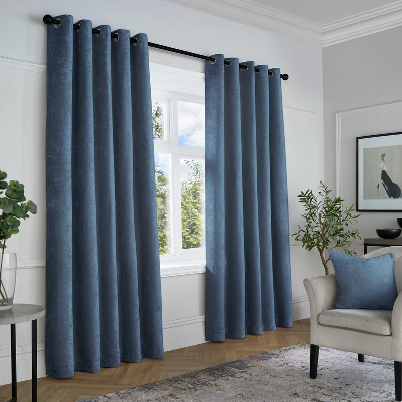 Curtina - Navy Blue Woven Eyelet Curtains W90 x L90" (229 x 229cm) - Textured Chenille Drapes in Dark Blue - Luxury for Bedroom/Living Room
