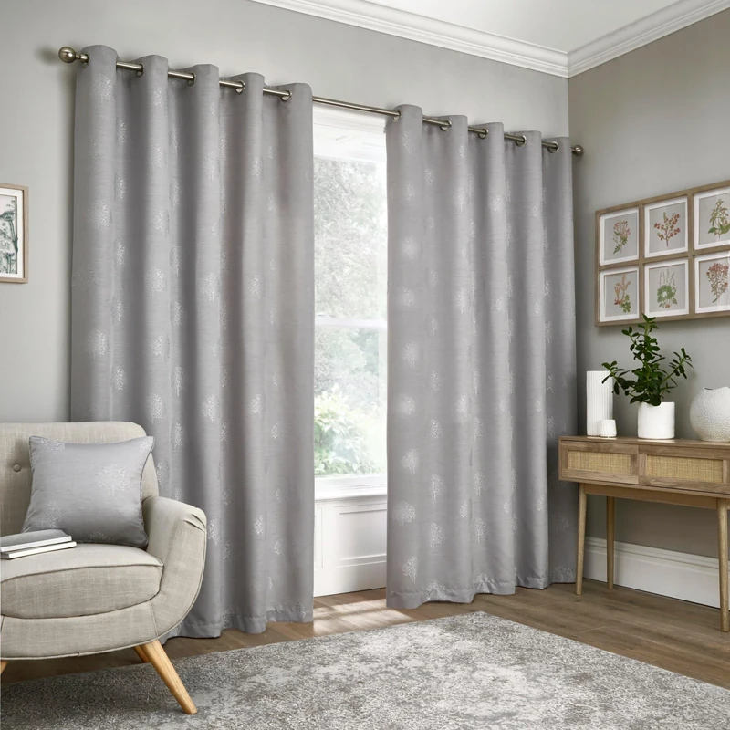 Appletree - Silver Tree Motif Curtains W90 x L72 (229 x 183cm) - 2 Panels - Lined - Tree Print Curtains in Silver - Silver Eyelet Curtains - Luxury Curtains and Drapes for Living Room & Bedroom