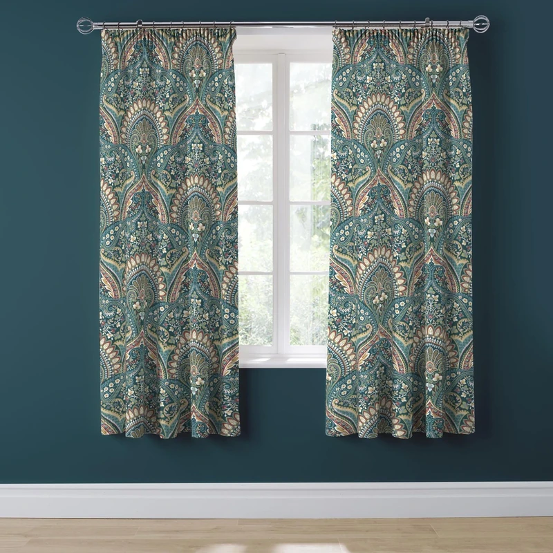 Dreams & Drapes - Teal Jacobean Curtains W66 x L72" (168 x 183cm) - 2x Tie Backs - Floral/Exotic Pleated - Moroccan Bohemian in Teal Blue - Damask for Bedroom/Living Room
