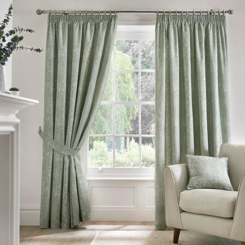 Dreams & Drapes 120 Curtains - 100% Cotton Pair of Pencil Pleat Curtains With Tie-Backs - 66" Width x 90" Drop (168 x 229cm) in Aveline, Green