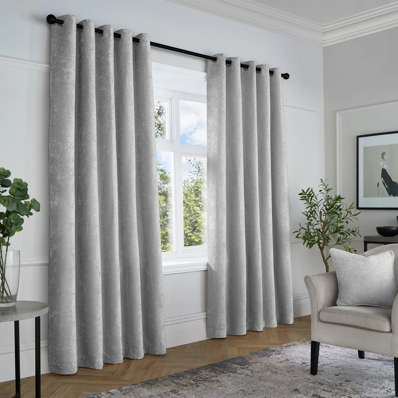 Curtina - Grey Woven Curtains W90 x L90 (229 x 229cm) - Light Grey Eyelet Curtains - Textured Chenille Curtains in Silver Grey - Luxury Curtains & Drapes for Bedroom/Living Room - Weave Drapes