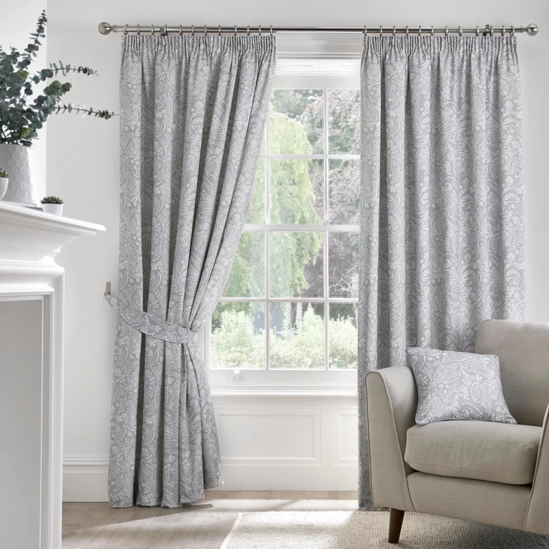 Dreams & Drapes Grey Jacobean Curtains W90 x L72" (229 x 183cm) - 2 Panels - 100% Cotton - 2 Tie Backs - Floral Pencil Pleat Drapes - Vintage Light Grey