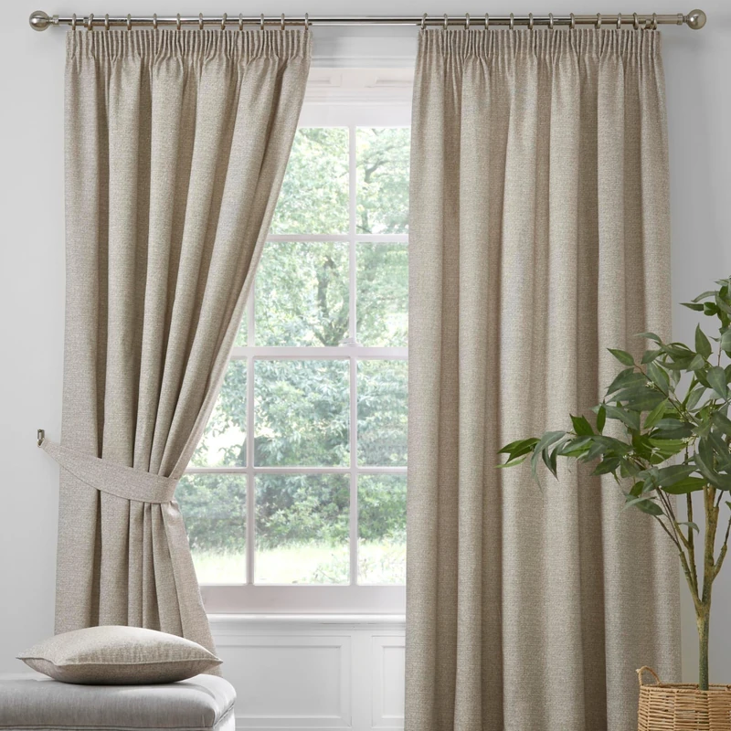 Dreams & Drapes - Natural Blackout Pencil Pleat Curtains W46 x L54" (117 x 137cm) - 2x Tie Backs Included - Heavy Weight - Thermal & Soundproof Curtains - Natural Curtains for Bedroom & Living Room