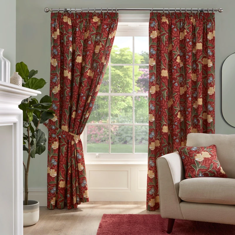Dreams & Drapes Curtains - Sandringham - 100% Cotton Pair of Pencil Pleat Curtains With Tie-Backs - 66" Width x 90" Drop (168 x 229cm) in Red