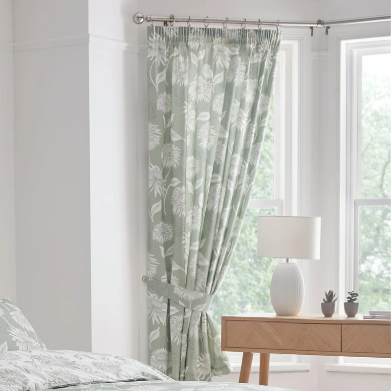 Dreams & Drapes - Green Chrysanthemum Pleated Curtains W66 x L72" (168 x 183cm) - 2x Panels & Tie Backs - Vintage Floral Drapes - Botanical Pencil Pleat in Sage Green