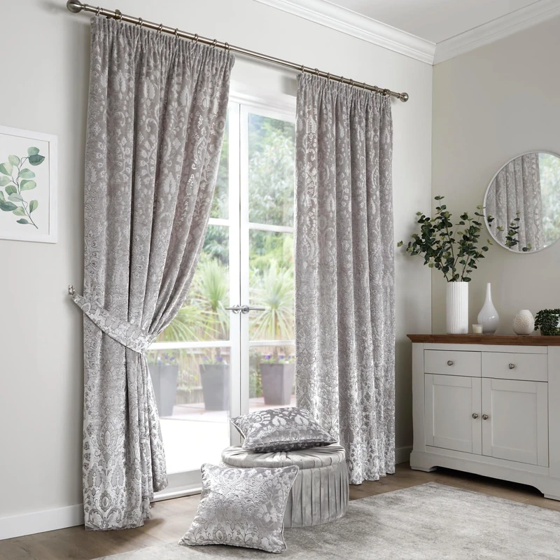 Curtina - Silver Velvet Damask Curtains W66 x L72" (168 x 183cm) - 2 Tie Backs Included - Damask Curtains - 2 Velvet Curtain Panels - Woven Curtains in Silver - Luxury Curtains & Drapes